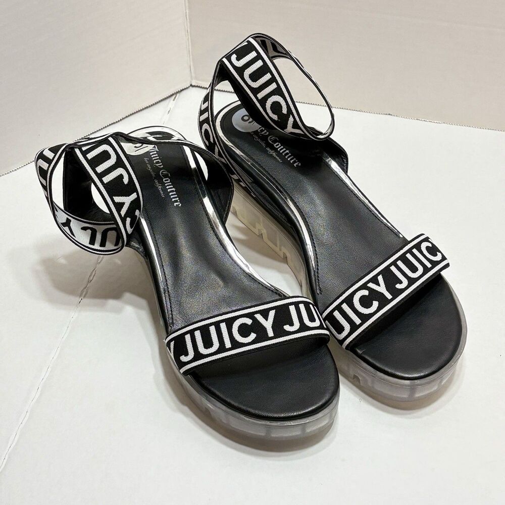 Juicy Couture Size 9 Impulse Logo Strap Platform Sandal Black White Y2K